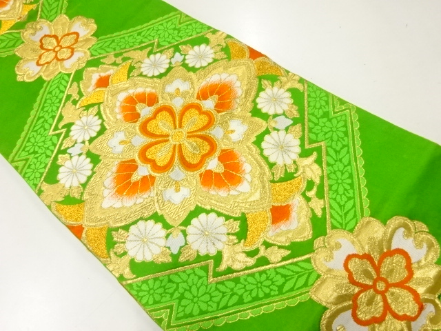 JAPANESE KIMONO / ANTIQUE FUKURO OBI / SILK / WOVEN MATSUKAWABISHI & FLORAL CREST